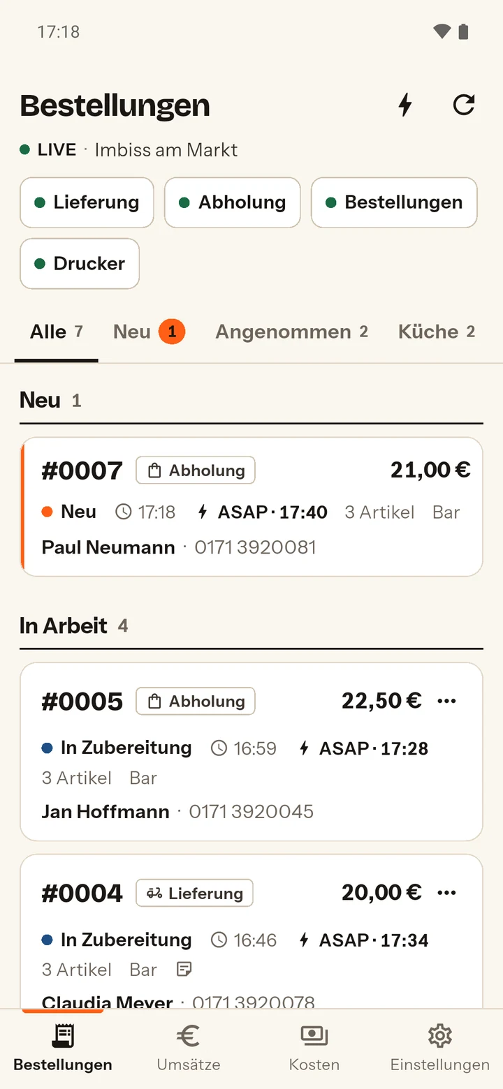 Manager-App auf dem Smartphone: Liste der Bestellungen