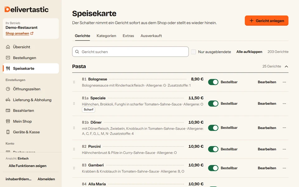 Verwaltung eines Restaurants im Browser: Gerichteliste der Kategorie Pasta mit Namen, Beschreibung und Preisen