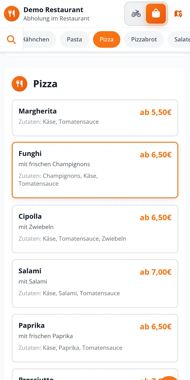 Bestellshop eines Restaurants auf dem Smartphone: Kategorie Pizza mit Gerichten, Zutaten und Preisen